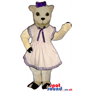 White Cat Plush Mascot Wearing A Stripes Apron Dress And Ribbon