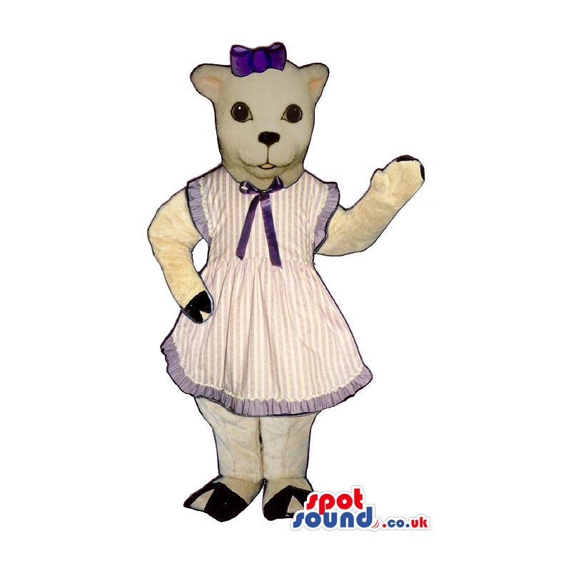 White Cat Plush Mascot Wearing A Stripes Apron Dress And Ribbon