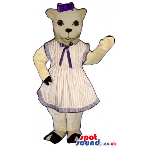 White Cat Plush Mascot Wearing A Stripes Apron Dress And Ribbon