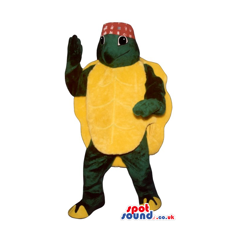 Turtle Plush Mascot With A Huge Yellow Back Shell Wearing A Hat