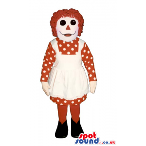 White Puppet Lady Plush Mascot Wearing A Dot Dress And An Apron