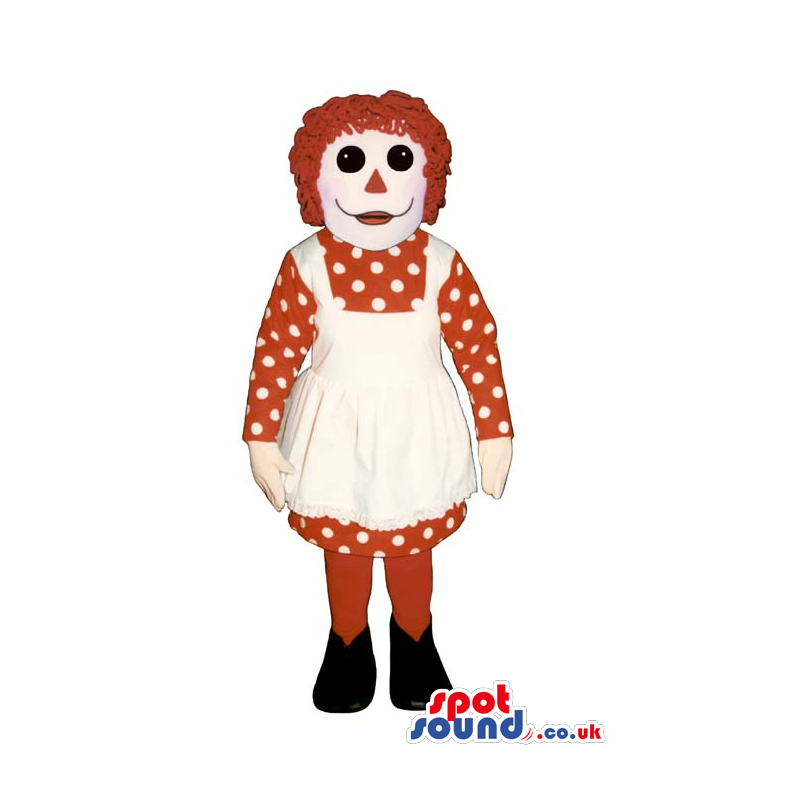 White Puppet Lady Plush Mascot Wearing A Dot Dress And An Apron