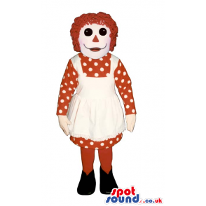 White Puppet Lady Plush Mascot Wearing A Dot Dress And An Apron