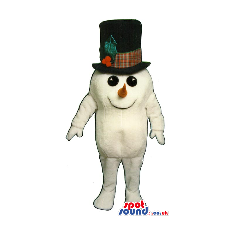 Small Snowman Plush Mascot Wearing A Big Top Hat With Holly -