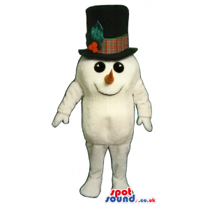 Small Snowman Plush Mascot Wearing A Big Top Hat With Holly -