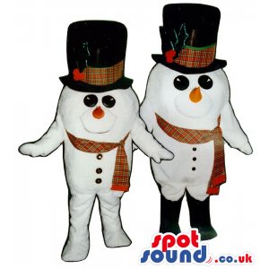 Snowman Plush Mascot Couple Wearing A Big Top Hat And A Scarf