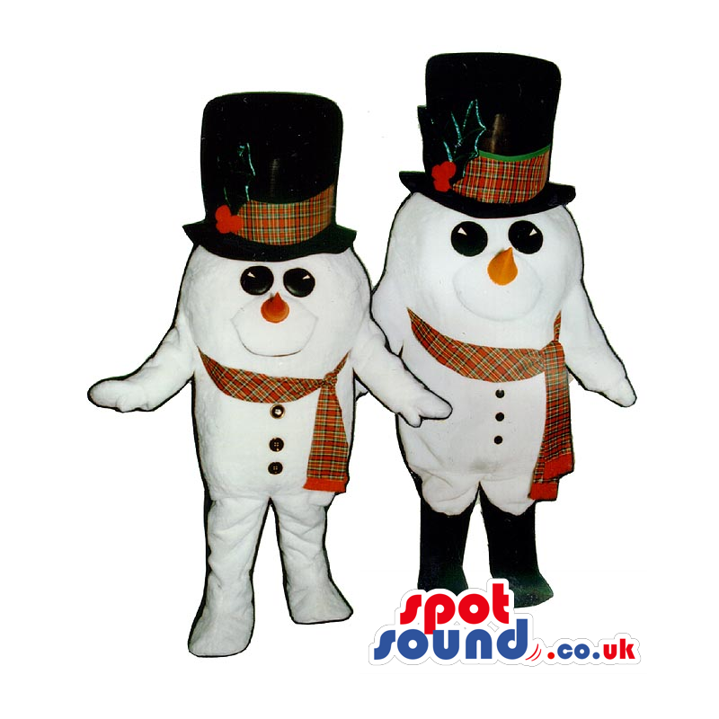 Snowman Plush Mascot Couple Wearing A Big Top Hat And A Scarf -