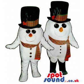 Snowman Plush Mascot Couple Wearing A Big Top Hat And A Scarf -