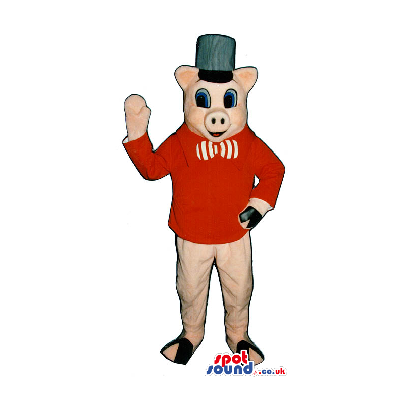 Pig Plush Mascot Wearing A Hat, Bow Tie And Red Jacket - Custom