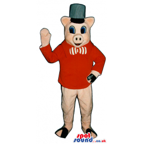 Pig Plush Mascot Wearing A Hat, Bow Tie And Red Jacket - Custom