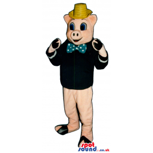 Pig Plush Mascot Wearing A Hat, Bow Tie And Black Jacket -