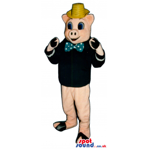 Pig Plush Mascot Wearing A Hat, Bow Tie And Black Jacket -