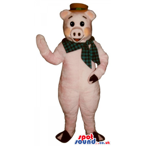 Pig Plush Mascot Wearing A Red Hat And A Checked Neck Scarf -