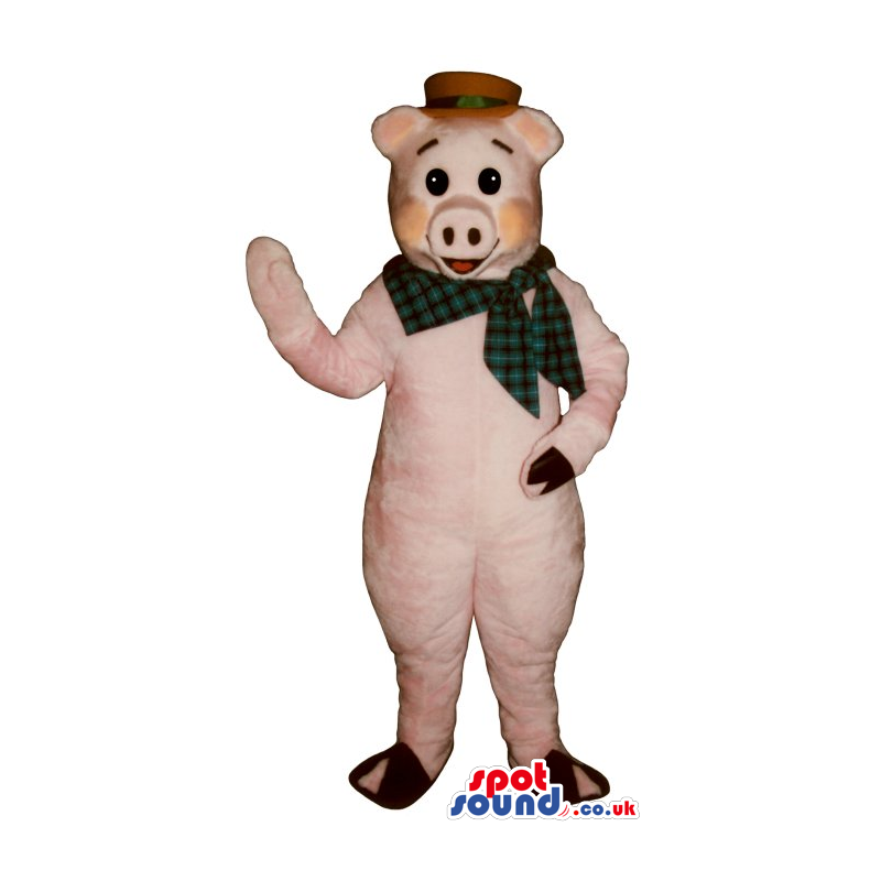 Pig Plush Mascot Wearing A Red Hat And A Checked Neck Scarf -