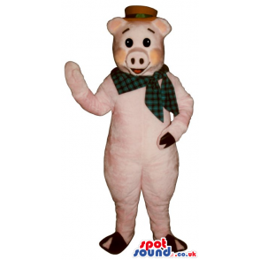 Pig Plush Mascot Wearing A Red Hat And A Checked Neck Scarf -