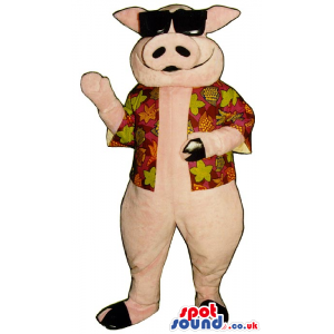 Pig Plush Mascot Wearing A Summer Shirt And Sunglasses - Custom