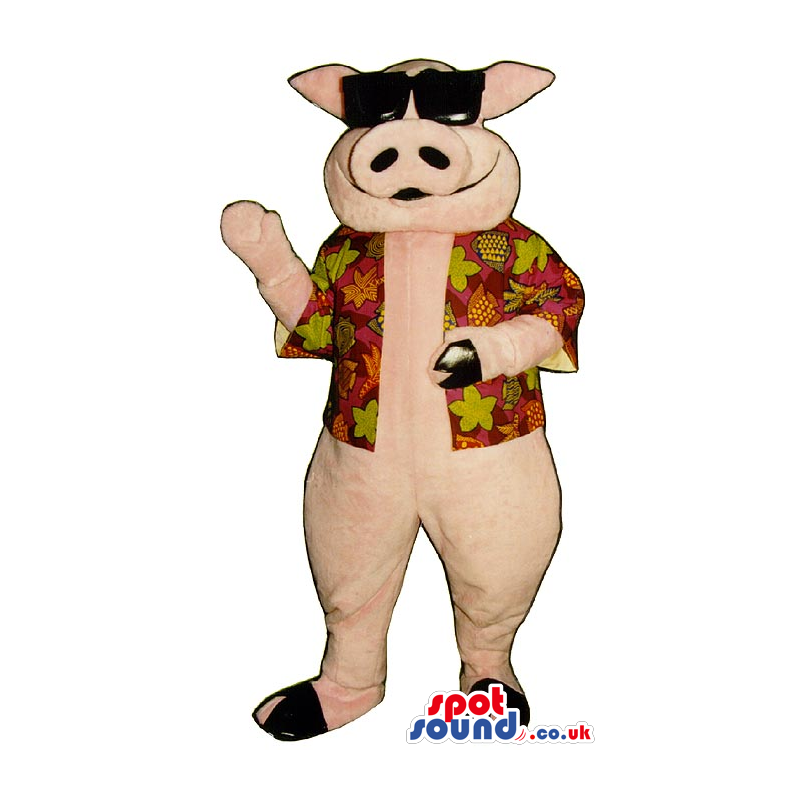 Pig Plush Mascot Wearing A Summer Shirt And Sunglasses - Custom