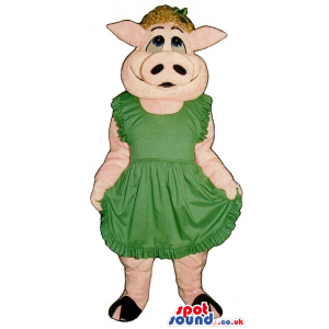 Customizable Pig Plush Girl Mascot Wearing A Green Dress -