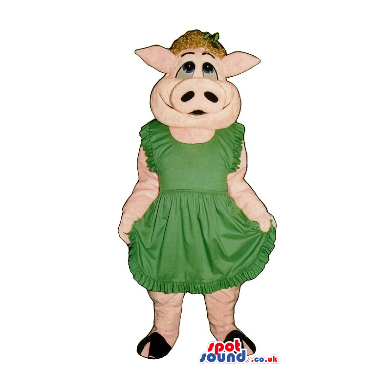 Customizable Pig Plush Girl Mascot Wearing A Green Dress -