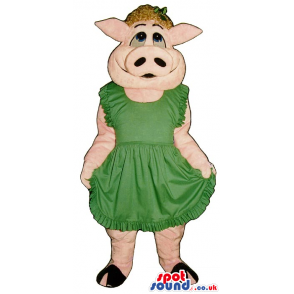 Customizable Pig Plush Girl Mascot Wearing A Green Dress -