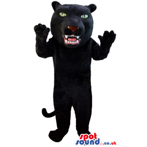 Black standing panther mascot with green eyes and white teeth -