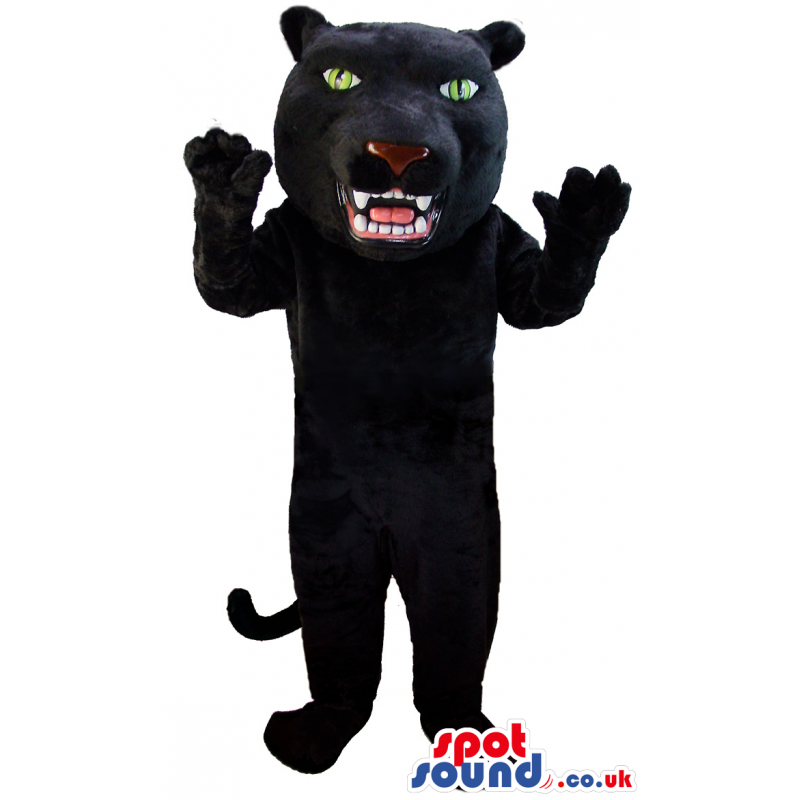Black standing panther mascot with green eyes and white teeth -