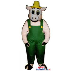 Customizable Pig Plush Mascot Wearing Farmer Garments - Custom