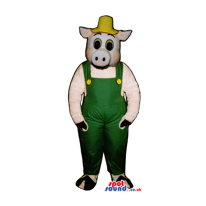 Customizable Pig Plush Mascot Wearing Farmer Garments - Custom