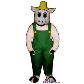 Customizable Pig Plush Mascot Wearing Farmer Garments - Custom