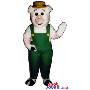 Customizable Pig Plush Mascot Wearing Farmer Garments - Custom