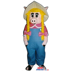 Pig Girl Plush Mascot With Blond Braids Wearing Farmers