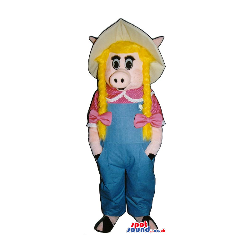 Pig Girl Plush Mascot With Blond Braids Wearing Farmers