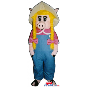 Pig Girl Plush Mascot With Blond Braids Wearing Farmers