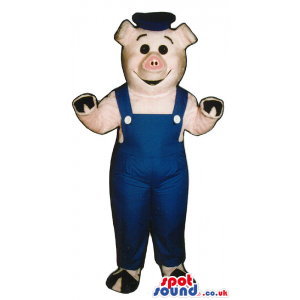 Customizable Pig Plush Mascot Wearing Blue Overalls And A Hat -
