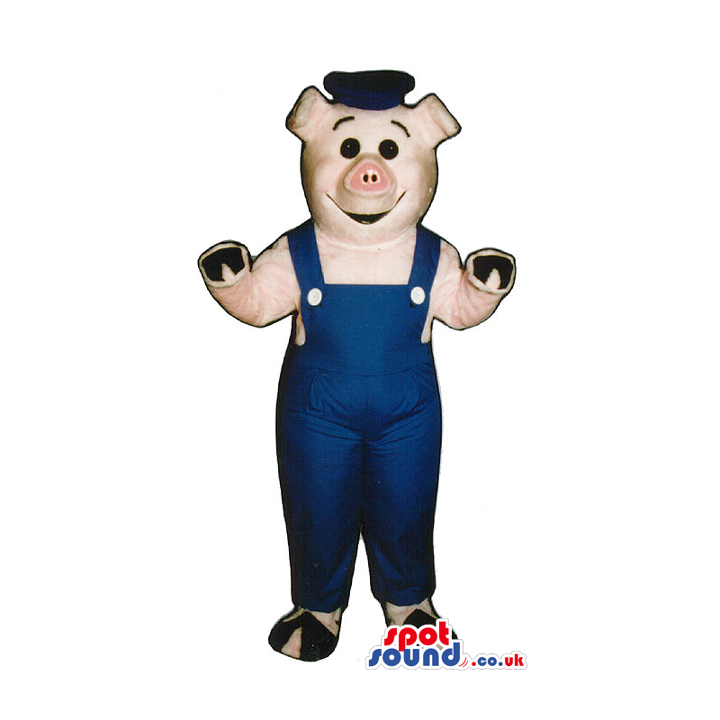 Customizable Pig Plush Mascot Wearing Blue Overalls And A Hat -