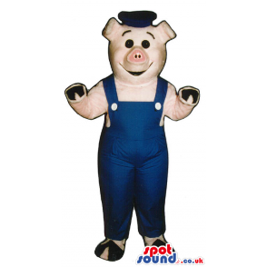 Customizable Pig Plush Mascot Wearing Blue Overalls And A Hat -