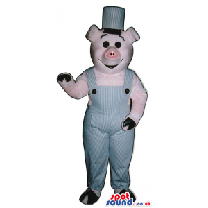 Customizable Pig Plush Mascot Wearing Grey Overalls And A Hat -