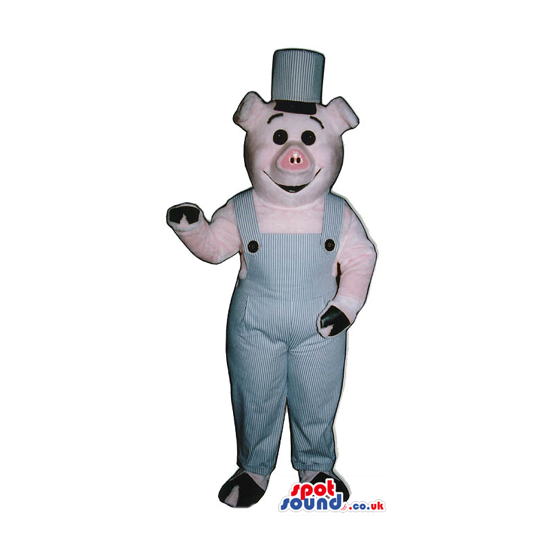 Customizable Pig Plush Mascot Wearing Grey Overalls And A Hat -