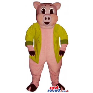 Pig Plush Mascot With Big Eyes Wearing A Yellow Jacket - Custom