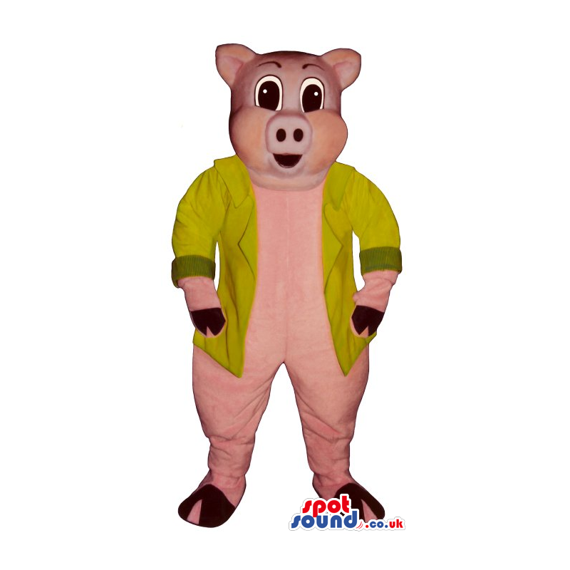 Pig Plush Mascot With Big Eyes Wearing A Yellow Jacket - Custom