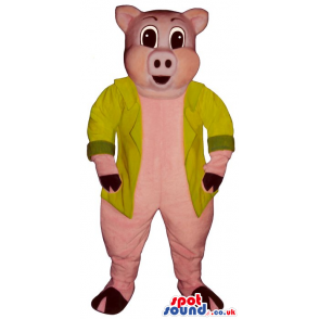 Pig Plush Mascot With Big Eyes Wearing A Yellow Jacket - Custom