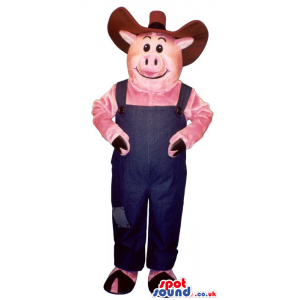 Customizable Pig Plush Mascot Wearing Farmer Bue Overalls And