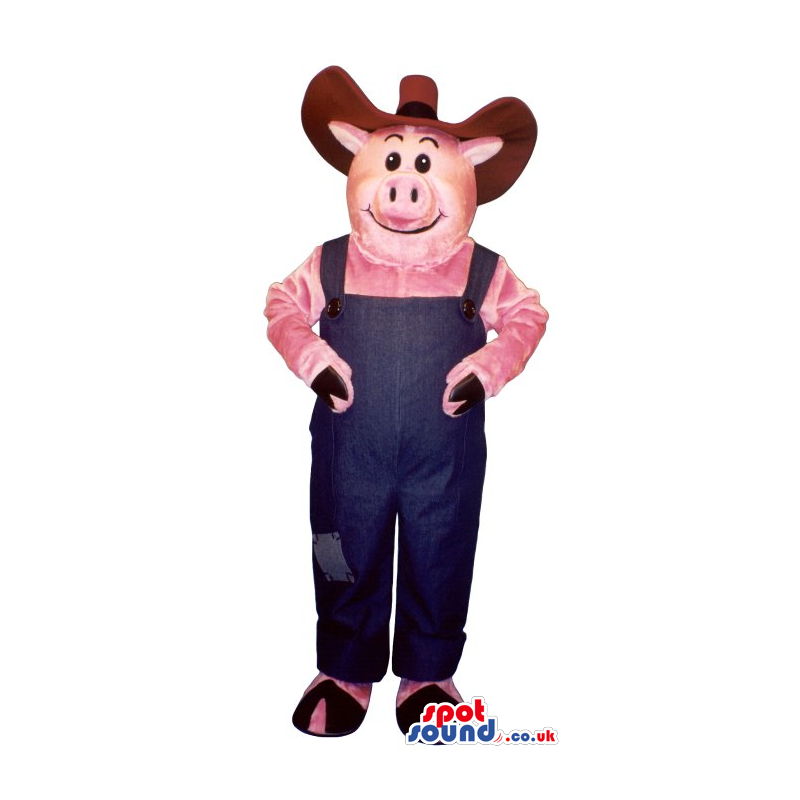 Customizable Pig Plush Mascot Wearing Farmer Bue Overalls And