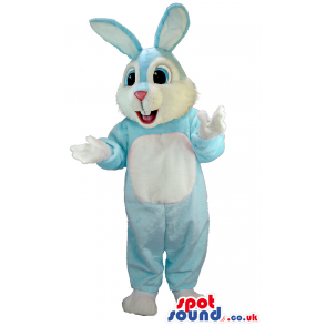 Cute looking baby blue rabbit mascot with white underbelly -