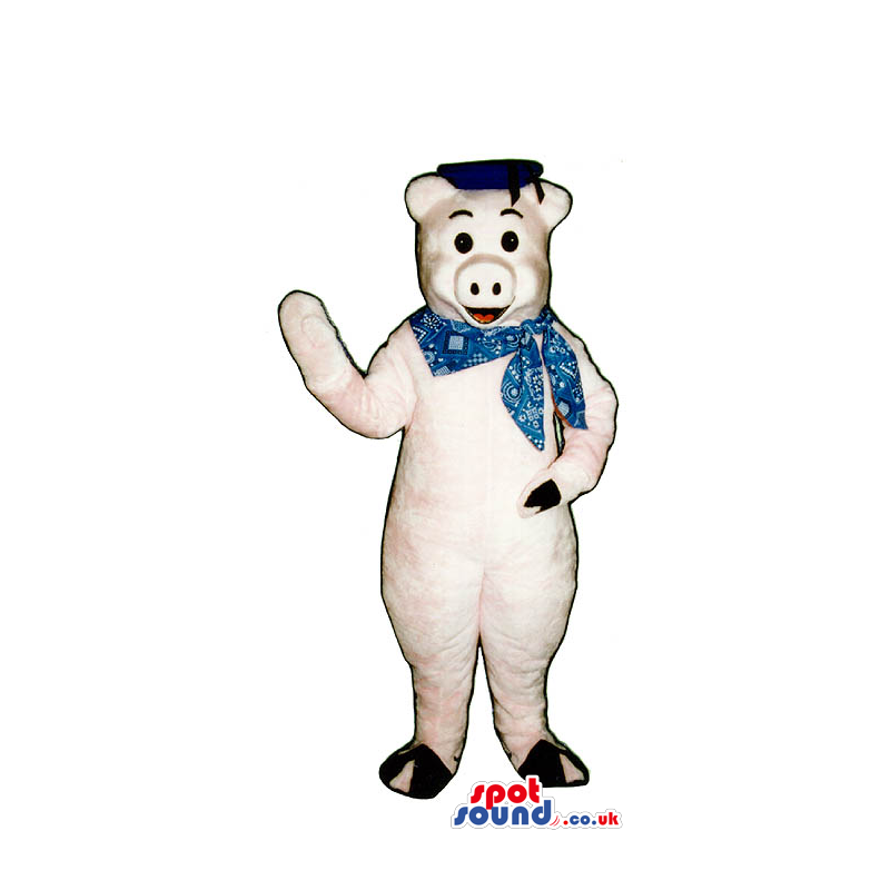 Customizable Pig Plush Mascot Wearing A Neck Scarf And A Hat -