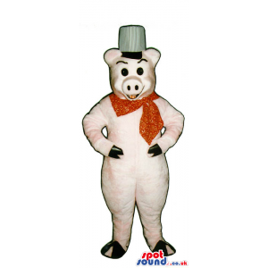 Customizable Pig Plush Mascot Wearing A Red Neck Scarf And A