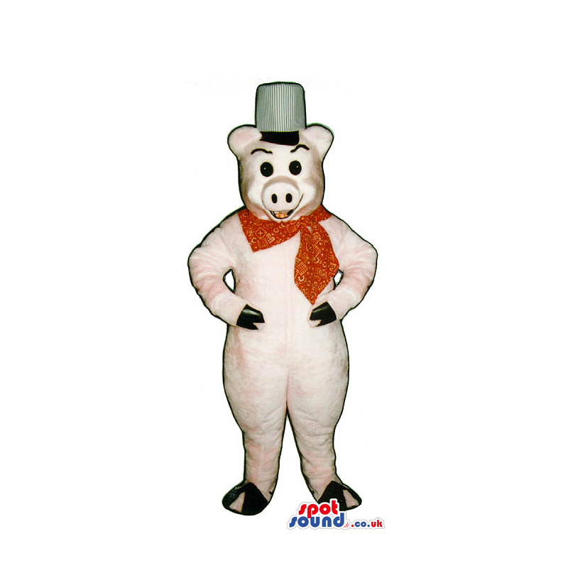 Customizable Pig Plush Mascot Wearing A Red Neck Scarf And A