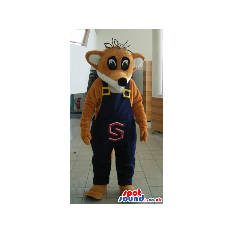 Fox Plush Mascot With Funny Hairs Wearing Overalls With A