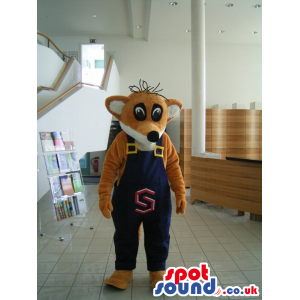 Fox Plush Mascot With Funny Hairs Wearing Overalls With A