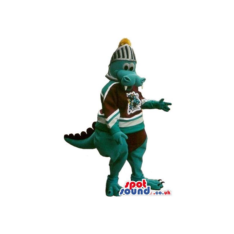 Dragon Plush Mascot Wearing Rugby Clothes And A Medieval Helmet